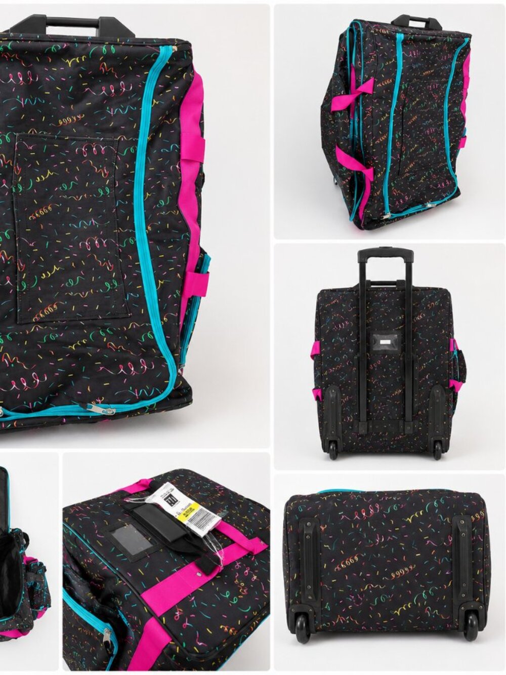 Pack Rack Baton Rolling Travel Suitcase Bag Neon Confetti Print Large Dance Bag - Picture 2 of 2